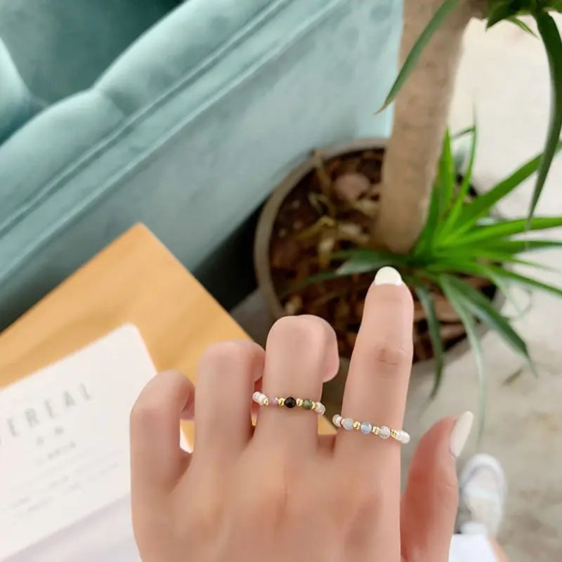 Retro Crystal Beaded Rings with Freshwater Pearl – Korean Minimalist Geometric Jewelry for Women