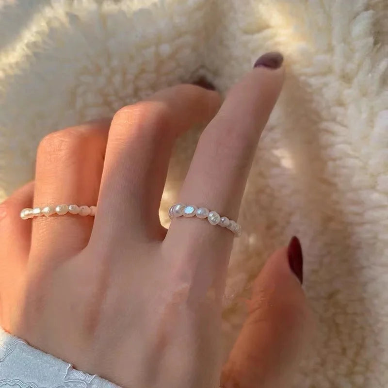 Retro Crystal Beaded Rings with Freshwater Pearl – Korean Minimalist Geometric Jewelry for Women