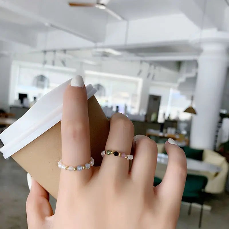 Retro Crystal Beaded Rings with Freshwater Pearl – Korean Minimalist Geometric Jewelry for Women