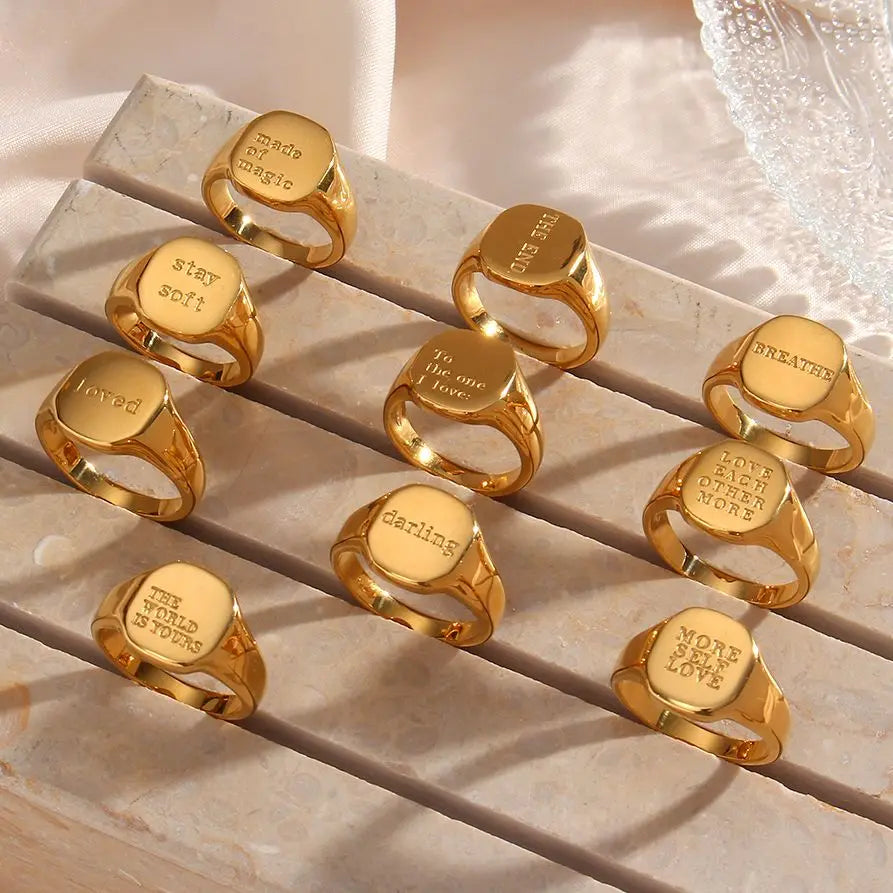 E.B.belle Minimalist Engraved Stainless Steel Letter Ring – Gold Plated Women’s Jewelry Gift, Water Resistant